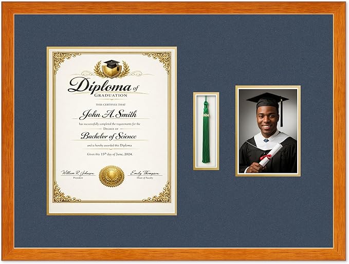 Diploma Tassel and Photo Shadowbox Fits 10 x 13 College Diploma (Portrait Traditional) Wi Honey Oak Genuine Hardwood with Navy Blue Over Metallic Gold Double mat