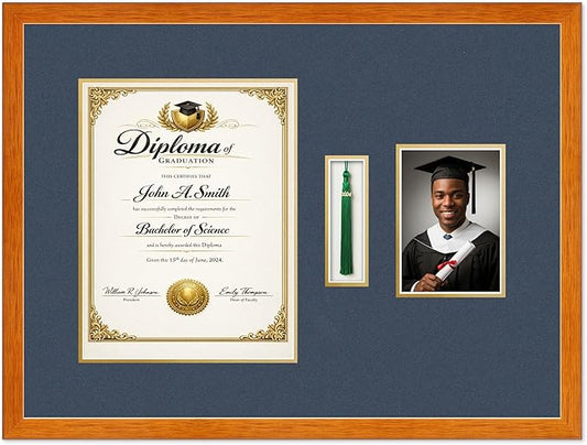 Diploma Tassel and Photo Shadowbox Fits 10 x 13 College Diploma (Portrait Traditional) Wi Honey Oak Genuine Hardwood with Navy Blue Over Metallic Gold Double mat