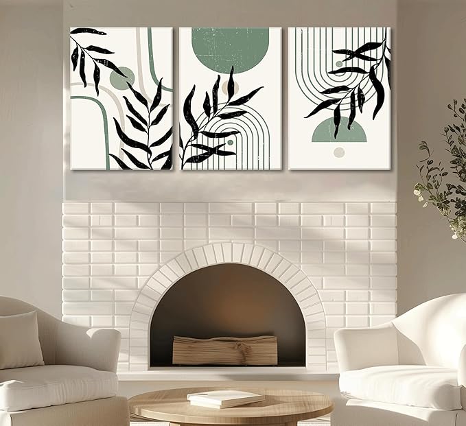 3PCS Boho Sage Green Canvas Wall Art,Minimalist Wall Decor,Geometric Abstract Line Botanical Green Prints,Mid Century Wall Painting,Green Black Beige Poster Hallway Pictures Wall Art framed