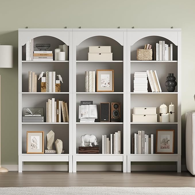 Arched Bookshelf with 4 Tier Open Shelves, 56" Tall Wood Bookcase with Adjustable Shelves, 24" Wide Floor Standing Display Storage Shelf for Home Office, Kitchen, Study and Living Room, Modern White