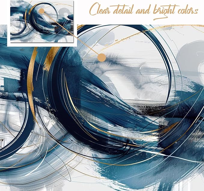 gaosoul Modern Abstract Canvas Wall Art Dynamic Blue Gold Lines Doodled on White Background Paintings Framed Minimalism Artwork Prints for Living Room Bedroom Office Decor 24x16in