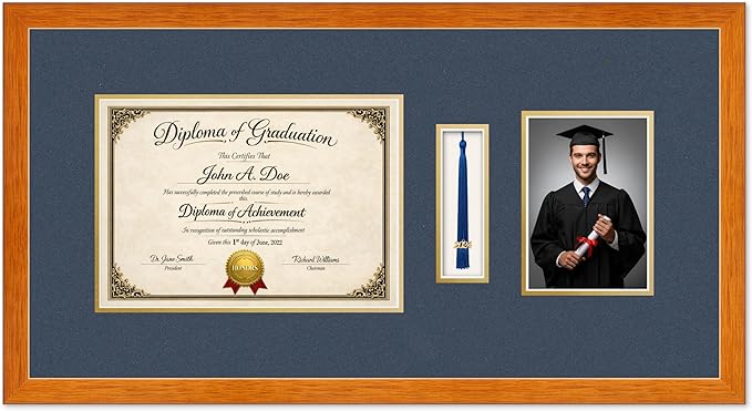 Diploma Tassel and Photo Frame Honey Oak Shadowbox Navy Blue Over Gold Mat - Fits 11.69 x 8.27 Degree Picture Made in the USA