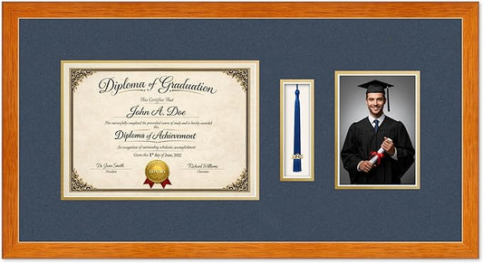 Diploma Tassel and Photo Frame Honey Oak Shadowbox Navy Blue Over Gold Mat - Fits 11.69 x 8.27 Degree Picture Made in the USA