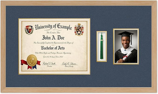 CountryArtHouse Diploma Tassel and Photo Shadowbox Fits 14 x 11 College Diploma (Modern) with Tassel H Natural Wood Genuine Hardwood with Navy Blue Over Metallic Gold Double mat