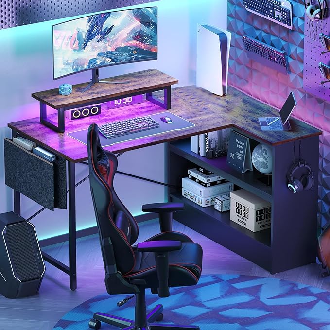 Bestier Small L Shaped Desk with LED Lights, 42 Reversible Computer Desk with Open Storage Cabinet & Monitor Stand, Corner Desk with Side Storage Bag for Home Office Bedroom, Rustic Brown