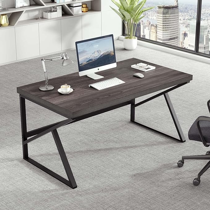 HSH Industrial Home Office Desk, Metal and Wood Computer Desk, Rustic Vintage Soho Work Study Writing Table, Modern PC Desk for Livingroom Bedroom, Farmhouse Computer Table Grey 55 inch Wide