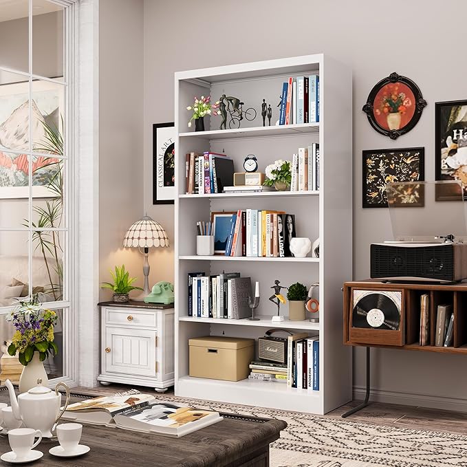 66” Tall Metal Bookcase, 5-Shelf Book Case with Adjustable & Extra Deep 14” Shelves, Heavy Duty Storage for Books, Vinyl Records, Home Office, Library, Living Room, Garage, White