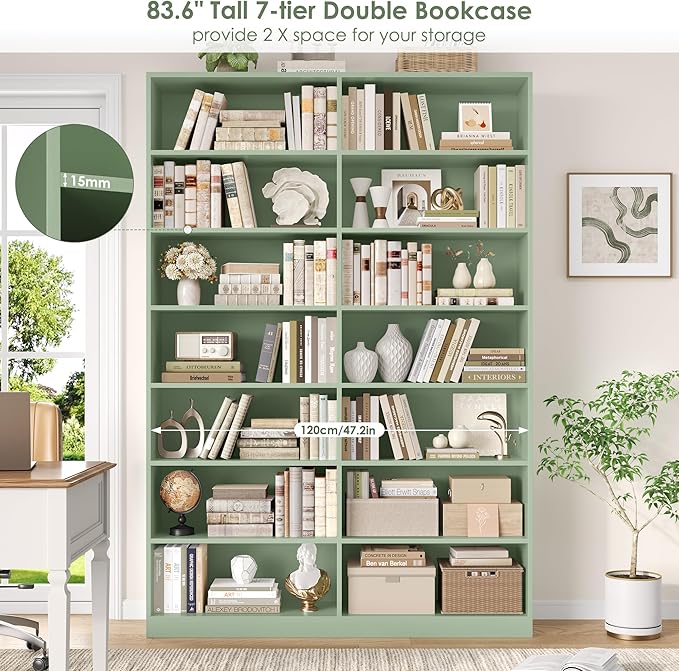 FACBOTALL 83.6" Tall Bookshelf and Bookcase, 7-Tier Extra Large Bookshelf with Double Storage, 14 Open Display Shelves for Home Office, Study and Living Room, Green