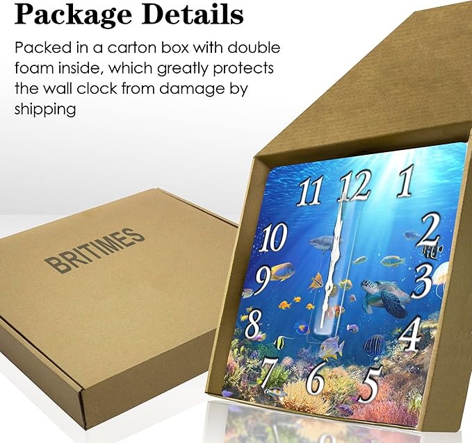 Britimes Wall Clock, Square Silent Non-Ticking Battery Operated Clock 12 Inch, Underwater Coral Reef Tropical Fish Home Decor for Living Room, Bathroom, Bedroom, Kitchen, Office and School