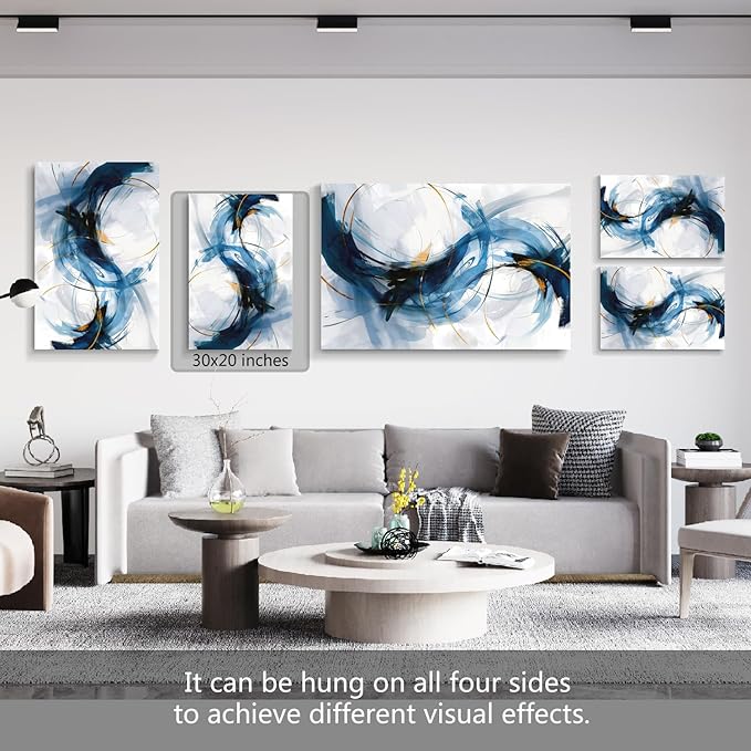 gaosoul Modern Abstract Canvas Wall Art Vibrant Blue Gold Lines Doodled on White Background Paintings Stylish Framed Minimalism Artwork Prints for Living Room Bedroom Office Decor 30x20in
