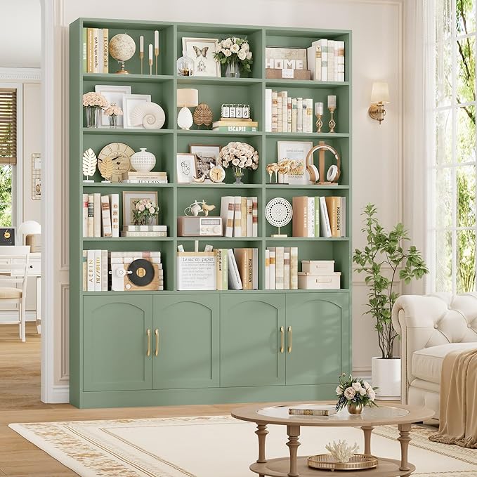 FACBOTALL 82.3" Triple Wide Bookshelf, 7-Tier Tall Bookcase with 15-Cube Open Bookshelf & 4 Doors, Large Bookshelf with Storage Cabinet, Modern Bookshelf for Living Room, Office, Study Room, Green