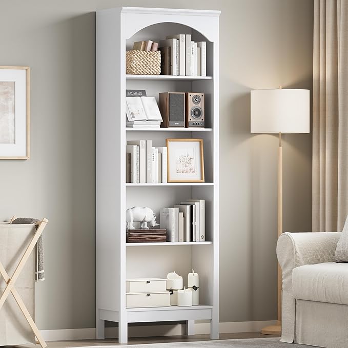 Arched Bookshelf with 5 Tier Open Shelves, 71" Tall Wood Bookcase with Adjustable Shelves, 24" Wide Floor Standing Display Storage Shelf for Home Office, Kitchen, Study and Living Room, Modern White