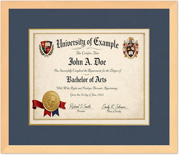 CountryArtHouse Diploma Frame Fits 15 x 12 Military/Government - Keepsake Graduation Display Natural Wood Genuine Hardwood with Navy Blue Over Metallic Gold Double mat