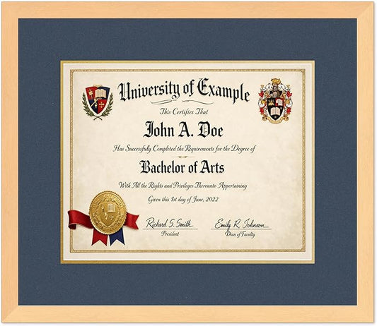 CountryArtHouse Diploma Frame Fits 15 x 12 Military/Government - Keepsake Graduation Display Natural Wood Genuine Hardwood with Navy Blue Over Metallic Gold Double mat