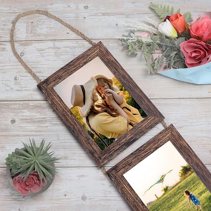 Lavezee Wall Hanging 5x7 Picture Frames Set of 2, Vertical Collage Distressed Brown Triple Frame Made to Display 5 by 7 inch Photo for Wall Decor