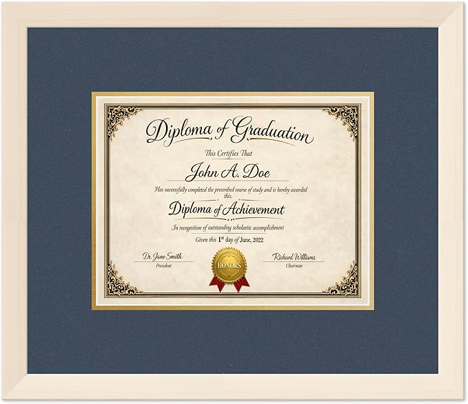 Diploma Frame Coastal Whitewash with Navy Blue Over Gold Double Mat - Fits 11 x 8.5 US Letter Certificate Wall Display Made in the USA
