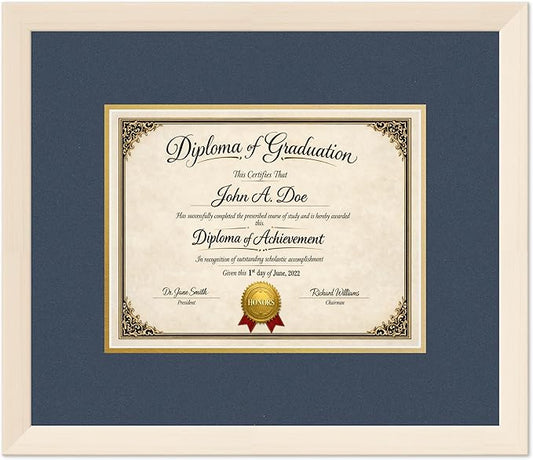 Diploma Frame Coastal Whitewash with Navy Blue Over Gold Double Mat - Fits 11 x 8.5 US Letter Certificate Wall Display Made in the USA