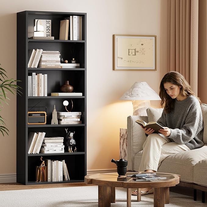 YESHOMY Industrial 6 Tier Bookcase, 71" Tall Black Bookshelves Open Frame, Basic Floor Standing Bookcases & Bookshelf for Home Office, Living Room, Bed Room