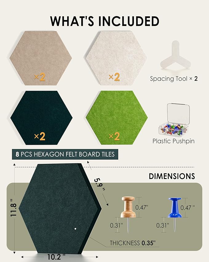 MaxGear 8Pcs Large Hexagon Felt Cork Board Tiles, Green Self-Adhesive DIY Bulletin Board Pin Board for Office School Home Wall Decor Stickers Photos Display Memos