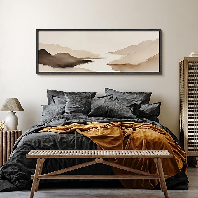 SIGNFORD Large Framed Canvas Print Wall Art Abstract Neutral Mountain Lake Landscape Illustrations Modern Art Calm Warm for Living Room, Bedroom, Office - 60"x20"
