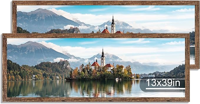 13x39 Puzzle Frame 2 Packs, Real Glass and Rustic Brown Wood Frame, Display Panoramic 13 x 39 Picture Frames - Horizontal or Vertical Wall Mounting