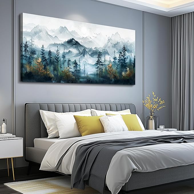 FUHAIHUA Large Wall Decor For Living Room Canvas Wall Art For Bedroom Office Decorations Hotel Room Mural Misty Forests Trees Wall Pictures Artwork Ink Landscape Painting Modern Home Decor 24x48 In