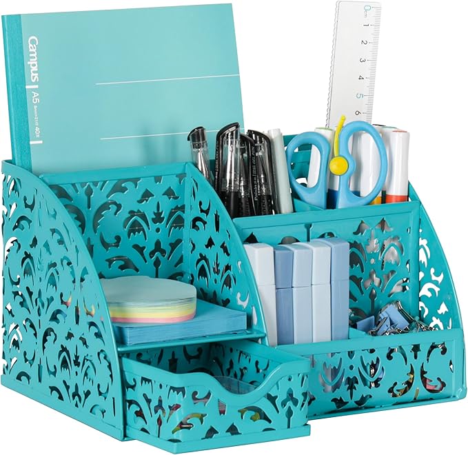 EasyPAG Desk Organizer and Pen Holder for Desk, Mesh Office Supplies Storage Caddy with Drawer for Small Space, Desktop Organizer for Home Office, Dark Teal