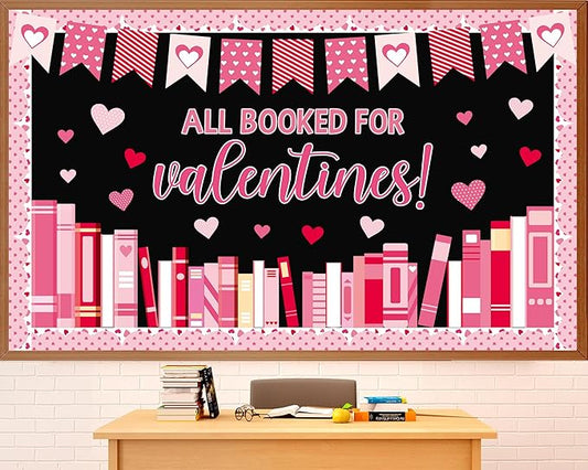 Valentine’s Day Reading Bulletin Board Set Valentine's Day Classroom Decoration All Booked for Valentines Bulletin Board Pink Red Heart Cutouts for Holiday Classroom Home School Chalkboard Wall Decor