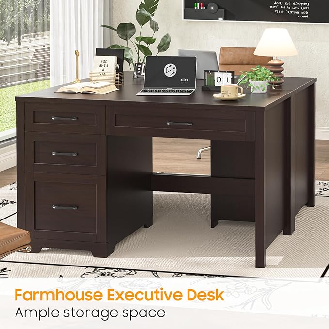 Farmhouse 47" Executive Desk with File Drawer, Wood Computer Desk with 3 Storage Drawers, Workstation for Home Office, Study, Writing.Espresso