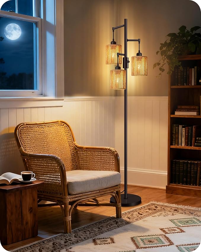 Dimmable Floor Lamp, Farmhouse Tall Standing 70.3" Tree Lamp with 3 Rope Woven Lampshades, Boho Rattan Floor Lights, 4W 3 LED Bulbs Included, for Living Room, Bedroom, Study, Office AB03LD05