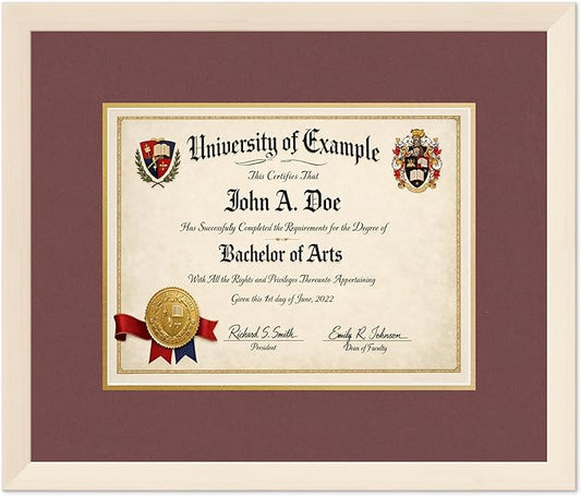 CountryArtHouse Diploma Frame Fits 13 x 10 College Diploma (Traditional) - Keepsake Graduation Displ Coastal Whitewash Genuine Hardwood with Dark Red Over Metallic Gold Double mat