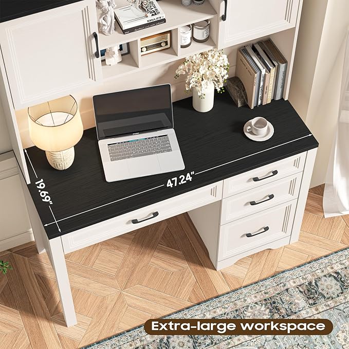 Farmhouse Executive Desk with 4 Drawers and Storage Cabinet, Rustic Large Home Writing Desk with Hutch, Workstation for Bedroom, Black.