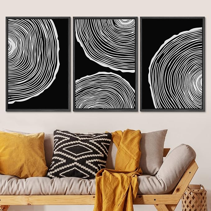SIGNLEADER Framed Canvas Print Wall Art Set Duotone Geometric Wood Ring Circle Collage Abstract Shapes Illustrations Modern Art Boho Decorative for Living Room, Bedroom, Office - 16"x24"x3 BLACK