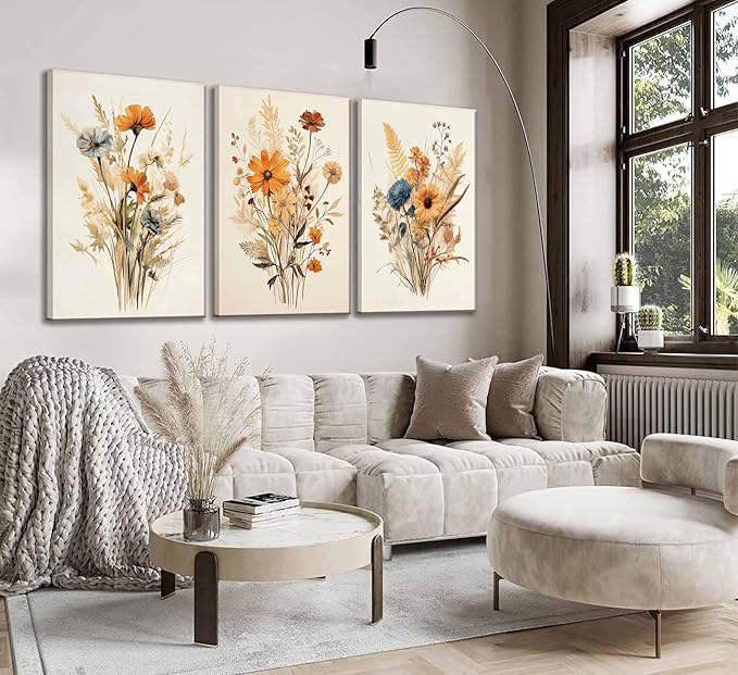 3Pcs Vintage Wildflower Canvas Wall art Country Farmhouse Watercolor Flower Botanical Painting Pictures Wall Decor Floral Poster Print Artwork for Bedroom Living Room Girls Room Decoration