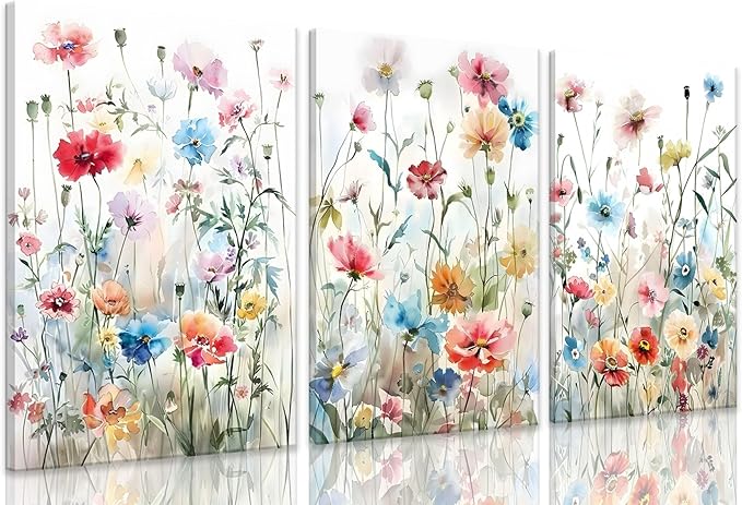KISSFOX Framed Colorful Wildflower Canvas Wall Art Set Of 3 Flowers Pictures Prints Flowers Printing Floral Watercolors Flower wall Decor Living Room Girls Bedroom Bathroom