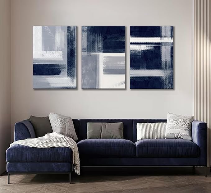 Wavkkey 3Pcs Navy Blue Abstract Canvas Wall Art Blue Grey Neutral Modern Geometric Abstract Painting Poster Wall Decor Print Artwork for Living Room Bedroom Office Home Decoration