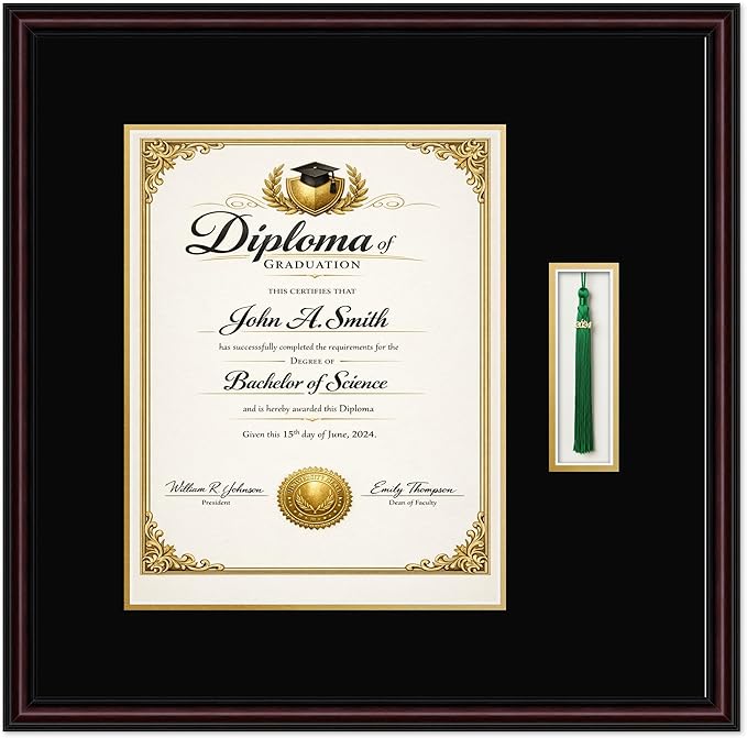 CountryArtHouse Diploma and Tassel Frame Fits 11 x 14 College Diploma (Portrait) with Tassel Executive Brown Genuine Hardwood Shadowbox with Black Over Metallic Gold Double mat