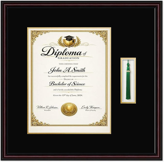 CountryArtHouse Diploma and Tassel Frame Fits 11 x 14 College Diploma (Portrait) with Tassel Executive Brown Genuine Hardwood Shadowbox with Black Over Metallic Gold Double mat