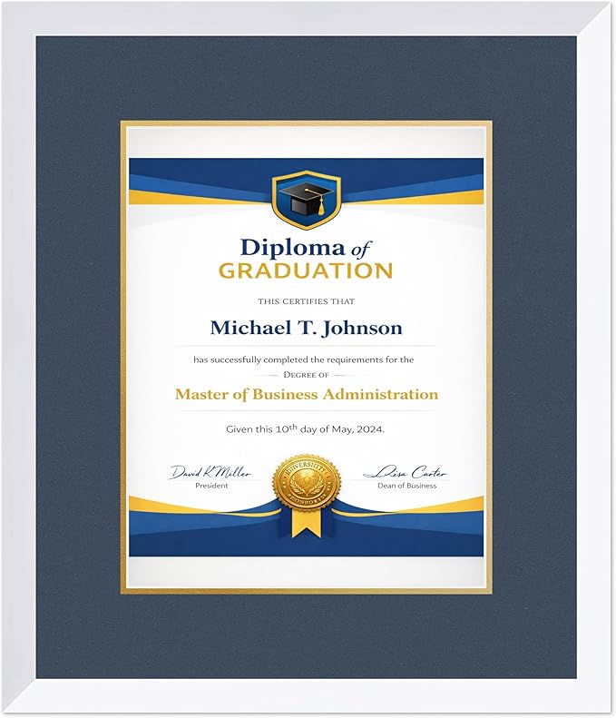 Diploma Frame Bright White with Navy Blue Over Gold Double Mat - Fits 11 x 14 College Diploma (Portrait) Wall Display Made in the USA