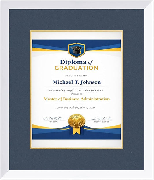 Diploma Frame Bright White with Navy Blue Over Gold Double Mat - Fits 11 x 14 College Diploma (Portrait) Wall Display Made in the USA