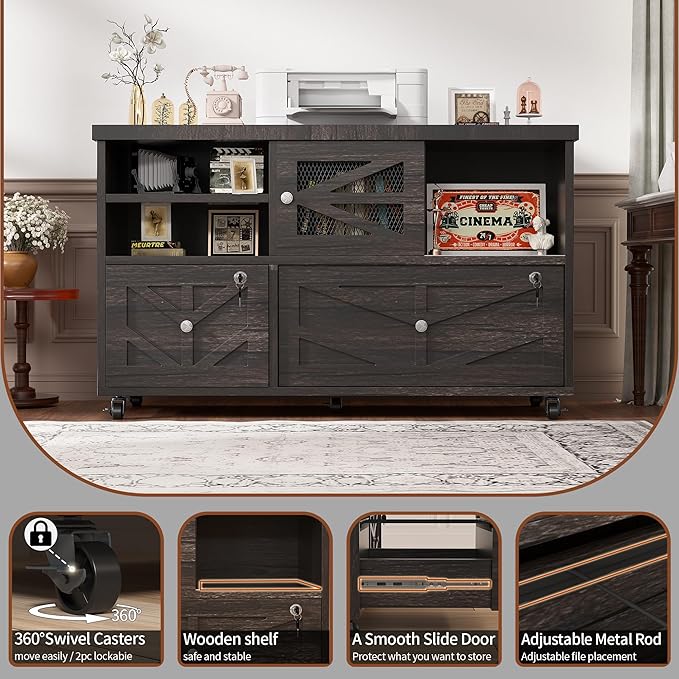 Semoic Gray Lateral File Cabinet with Lock, 2 Drawer Rolling Filing Cabinet for Home Office, Mobile Storage Cabinet with Open Shelves & Sliding Door, Fits Legal/Letter/A4 Files, Herringbone Design