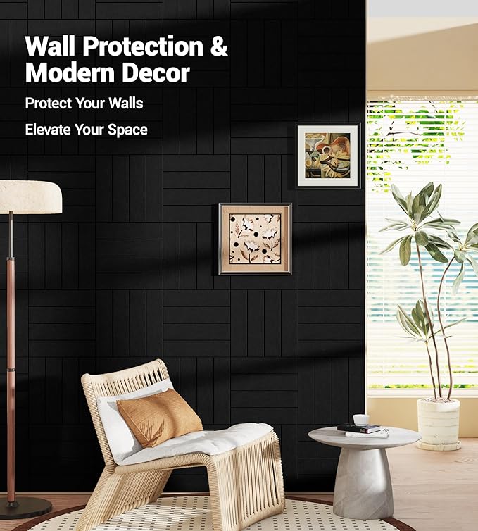 1/2" Thick Cork Board for Office, 6 Pack Felt Wall Tiles -28"x18" with Safe Adhesive Tabs, Large Bulletin Board, Push Pin Board Organizer Wall - Black