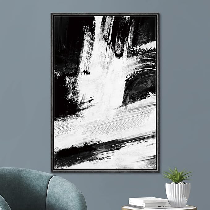SIGNFORD Framed Canvas Print Wall Art White Brushstrokes on Black Background Abstract Shapes Illustrations Minimalism Alternative Edgy Dark for Living Room, Bedroom, Office - 16"x24" Black