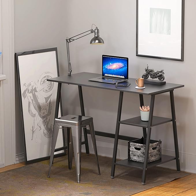 SHW 43-Inch Home Office Trestle Computer Desk with Open Storage Shelves, Black
