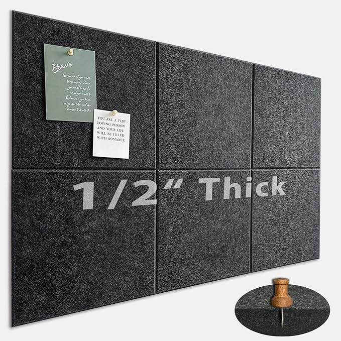 Large Cork Board for Office Wall Decor,36"x24"-6 Pack Felt Wall Tiles with Safe Removable Adhesive Tabs, Thicker 0.47in, Felt Bulletin Board Pin Board Cork Boards for Walls - Dark Gray