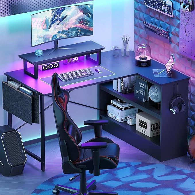 Bestier Small L Shaped Desk with LED Lights, 42 Reversible Computer Desk with Open Storage Cabinet & Monitor Stand, Corner Desk with Side Storage Bag for Home Office Bedroom, Black