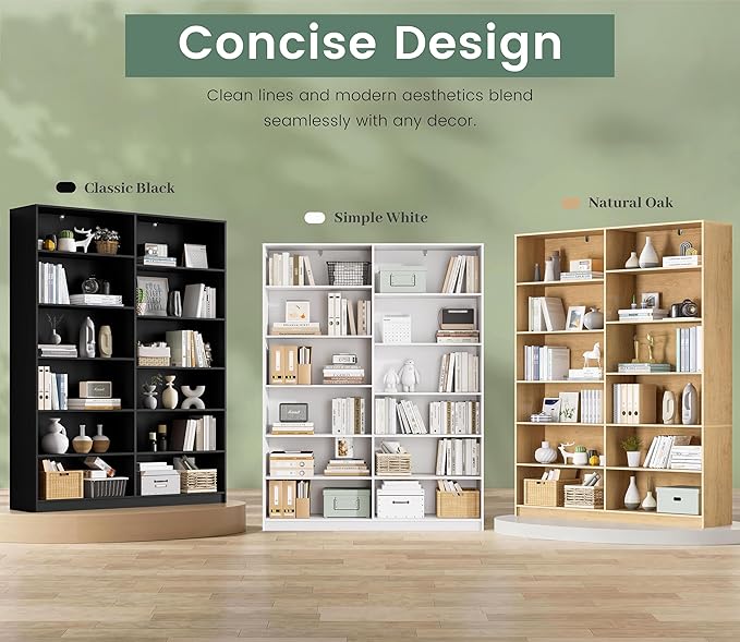 12 Open Storage Bookcase, Natural Bookshelf, Freestanding Display Storage Shelves, Double Wide Bookshelves, 70.8” Tall Book Case 2 PCS Home Library Bookcase for Living Room Bedroom Office