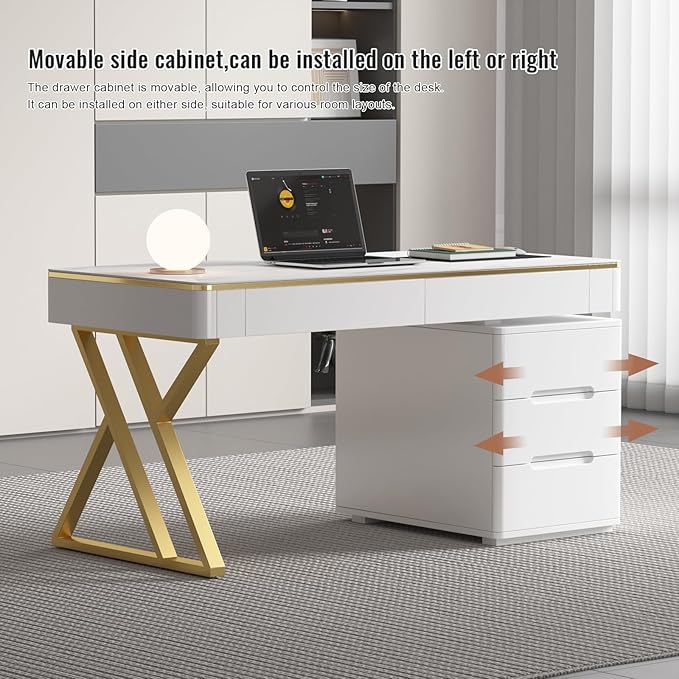 Wooden Computer Office Desk with Drawers for Home Office - White Gaming Desk with Tempered Glass Top - Thickened Lacquered PC Desk and Writing Desk - Escritorios para Computadoras (Z-105)