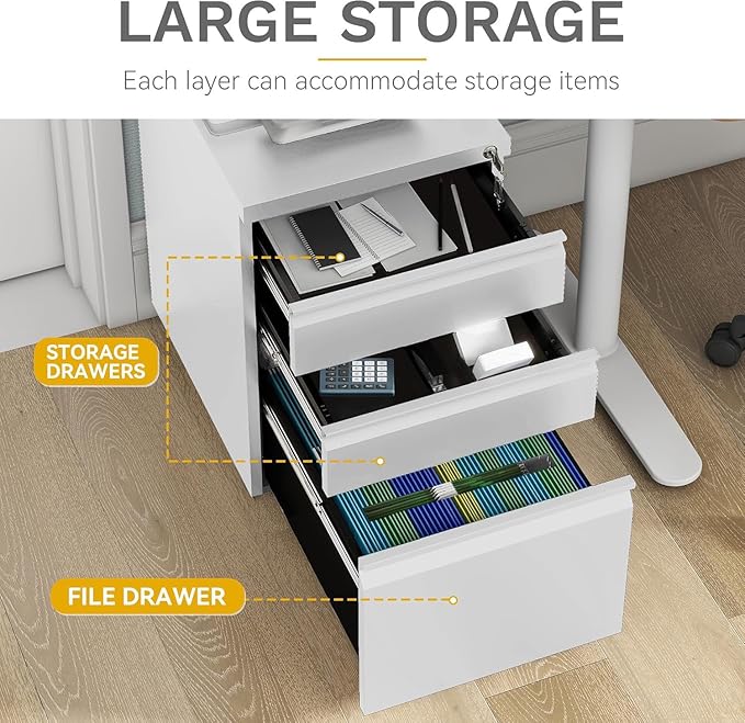 DWVO 3-Drawer Mobile File Cabinet, Pre-Assembled Metal Filing Cabinet for Legal/Letter Size, Lockable Office Storage with 6 Casters, White