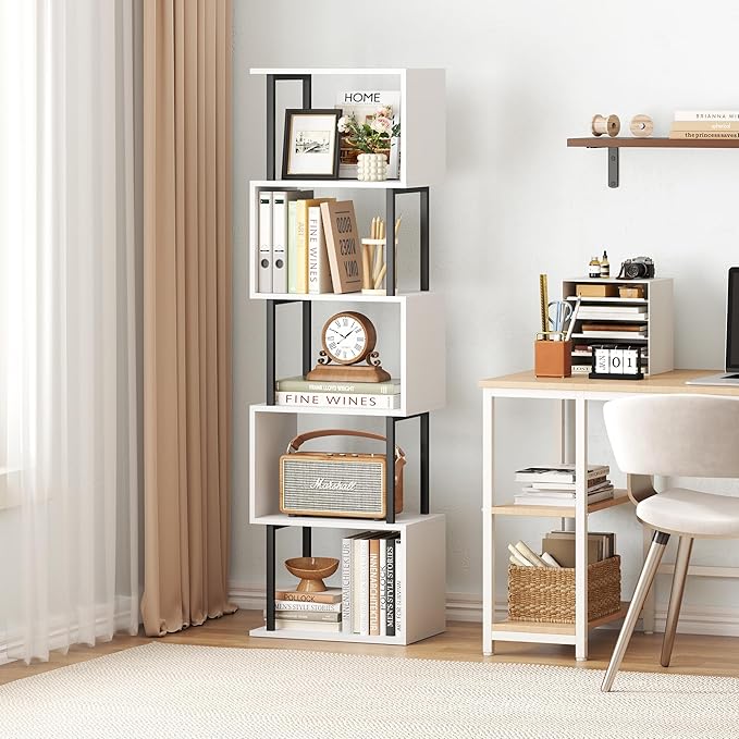 Yusong Bookshelf 5-Tier, Geometric Bookcase S Shaped Book Shelves for Bedroom, Modern Wood Decorative Display Shelf Book Case for Home Office, White and Black